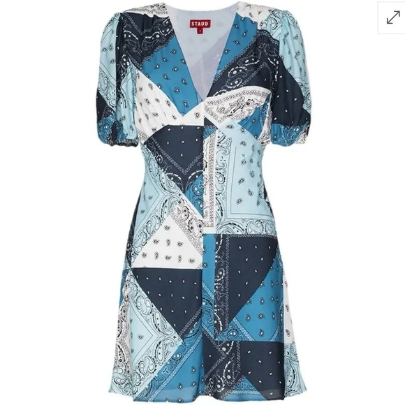 STAUD Milla Midi Dress Patchwork Bandana Capri w/ Short Puff Sleeves & Slit - Picture 2 of 11